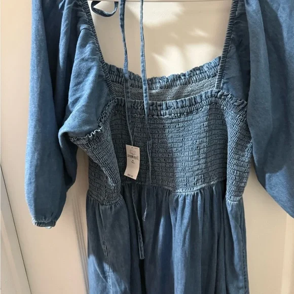 NWT Gap Cotton puff sleeve smocked denim boho y2k Cottagecore mini dress XLT - Picture 5 of 8